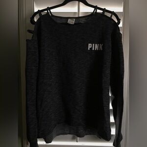 Victoria's Secret PINK Oversized Campus Sweater Dark Gray Cutout Shoulders SMALL